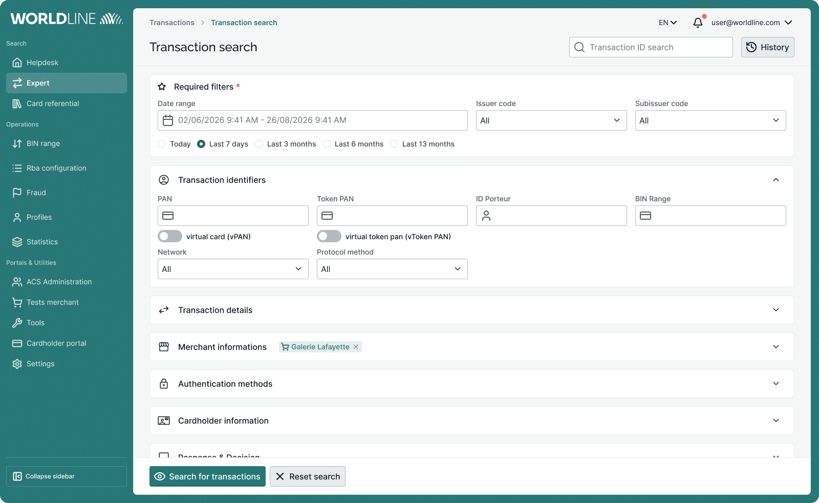 Legacy transaction search form, multiple criteria on a single page