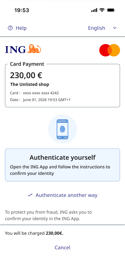 Example authentication pages shown at checkout, during an online purchase, the cardholder may be redirected to a 3-D Secure page to confirm their identity (SMS, banking app, etc.) before the payment is completed (2/4)