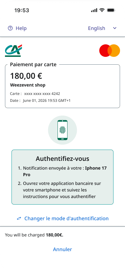 CAPS issuing-bank screens, delegated purchase, authentication, and cardholder control in a banking-app context (6/8)