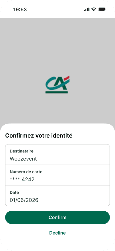 CAPS issuing-bank screens, delegated purchase, authentication, and cardholder control in a banking-app context (7/8)