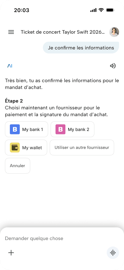 CB agentic-commerce demo, autonomous agent (Gemini/ChatGPT) monitoring a concert ticketing site before sales open (3/8)