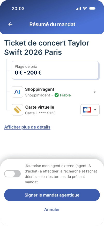 CB agentic-commerce demo, autonomous agent (Gemini/ChatGPT) monitoring a concert ticketing site before sales open (7/8)