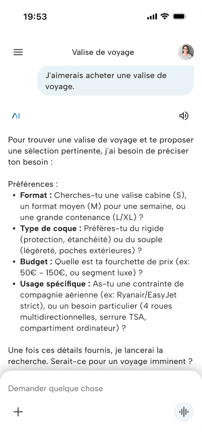CB demo, autonomous agent with MCP App UIs inside Gemini; luggage shopping with human-present delegation (2/8)