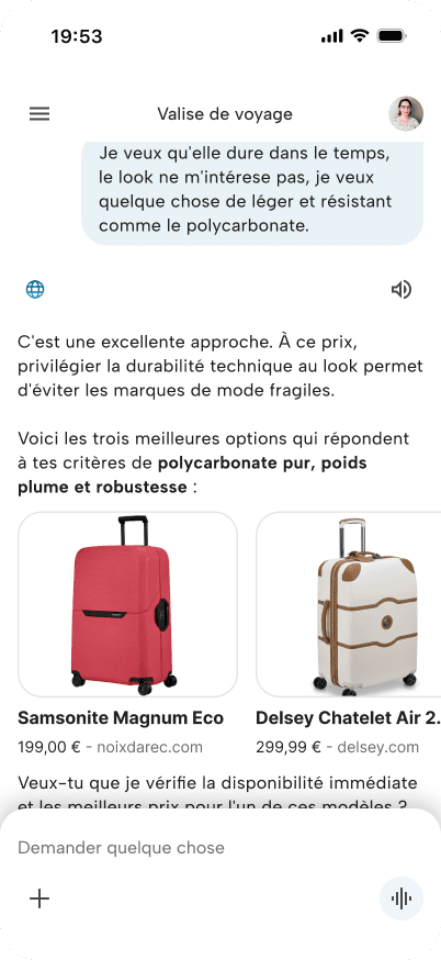 CB demo, autonomous agent with MCP App UIs inside Gemini; luggage shopping with human-present delegation (3/8)