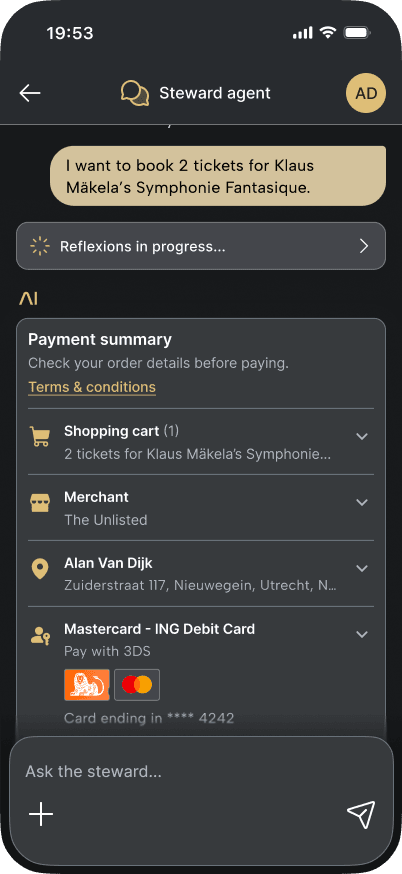 Steward demo for ING NL (Money20/20), Mastercard checkout on The Unlisted with Worldline 3-D Secure human-present authentication (1/11)