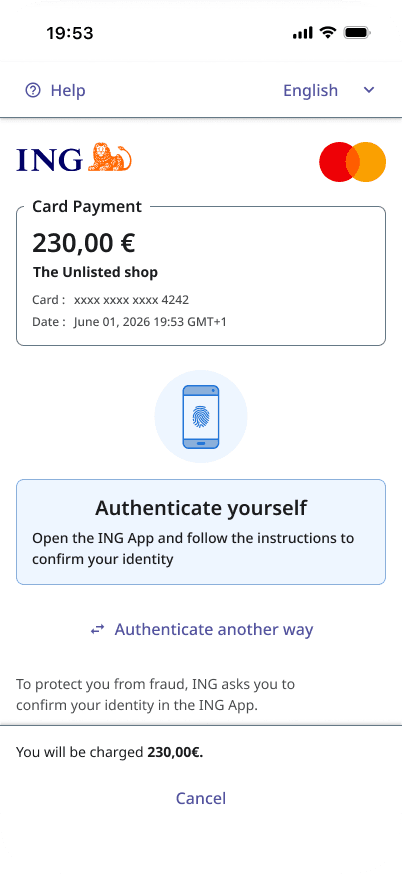 Steward demo for ING NL (Money20/20), Mastercard checkout on The Unlisted with Worldline 3-D Secure human-present authentication (4/11)