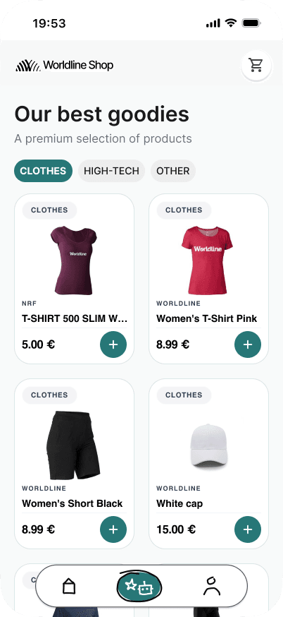 Early low-fidelity agentic-commerce flow on a Worldline merch store, embedded chat, sign-in, and delegated t-shirt purchase (1/7)