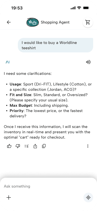 Early low-fidelity agentic-commerce flow on a Worldline merch store, embedded chat, sign-in, and delegated t-shirt purchase (2/7)