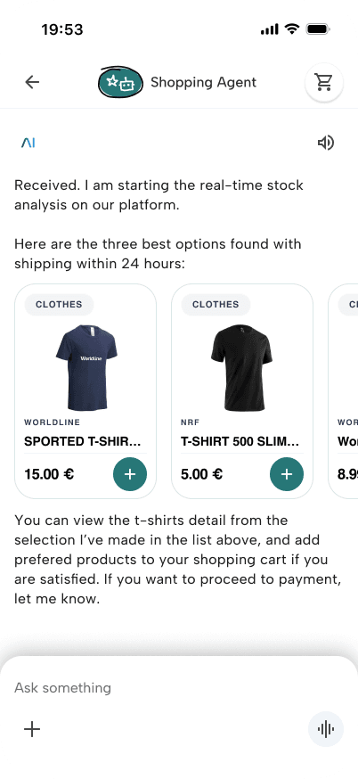 Early low-fidelity agentic-commerce flow on a Worldline merch store, embedded chat, sign-in, and delegated t-shirt purchase (3/7)