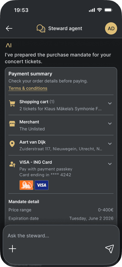Steward demo for ING NL (Money20/20), Visa payment flow on The Unlisted, our in-house merchant site with embedded agent chat (5/10)