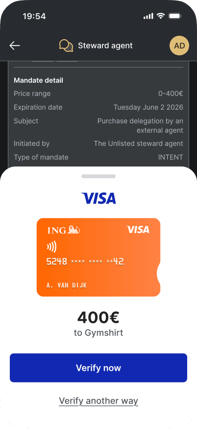 Steward demo for ING NL (Money20/20), Visa payment flow on The Unlisted, our in-house merchant site with embedded agent chat (7/10)