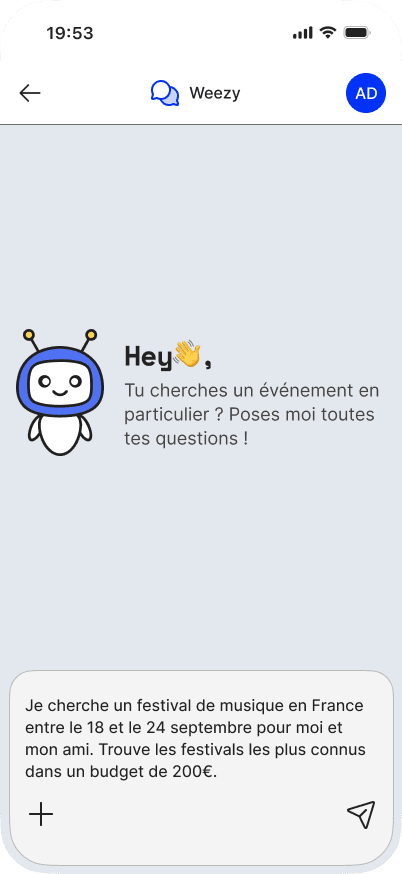 Weezevent agentic-commerce chat, welcome screen with the animated agent greeting the user when the chat opens