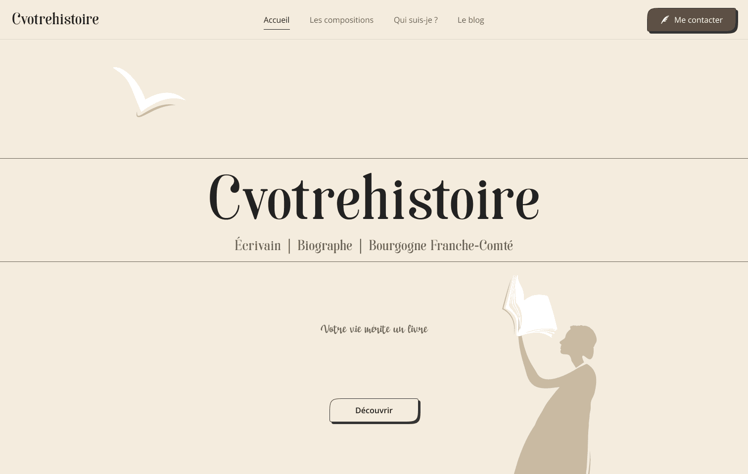 CVOTREHISTOIRE homepage, parchment-toned art direction, ochre palette, typewriter-style title and ink overlay