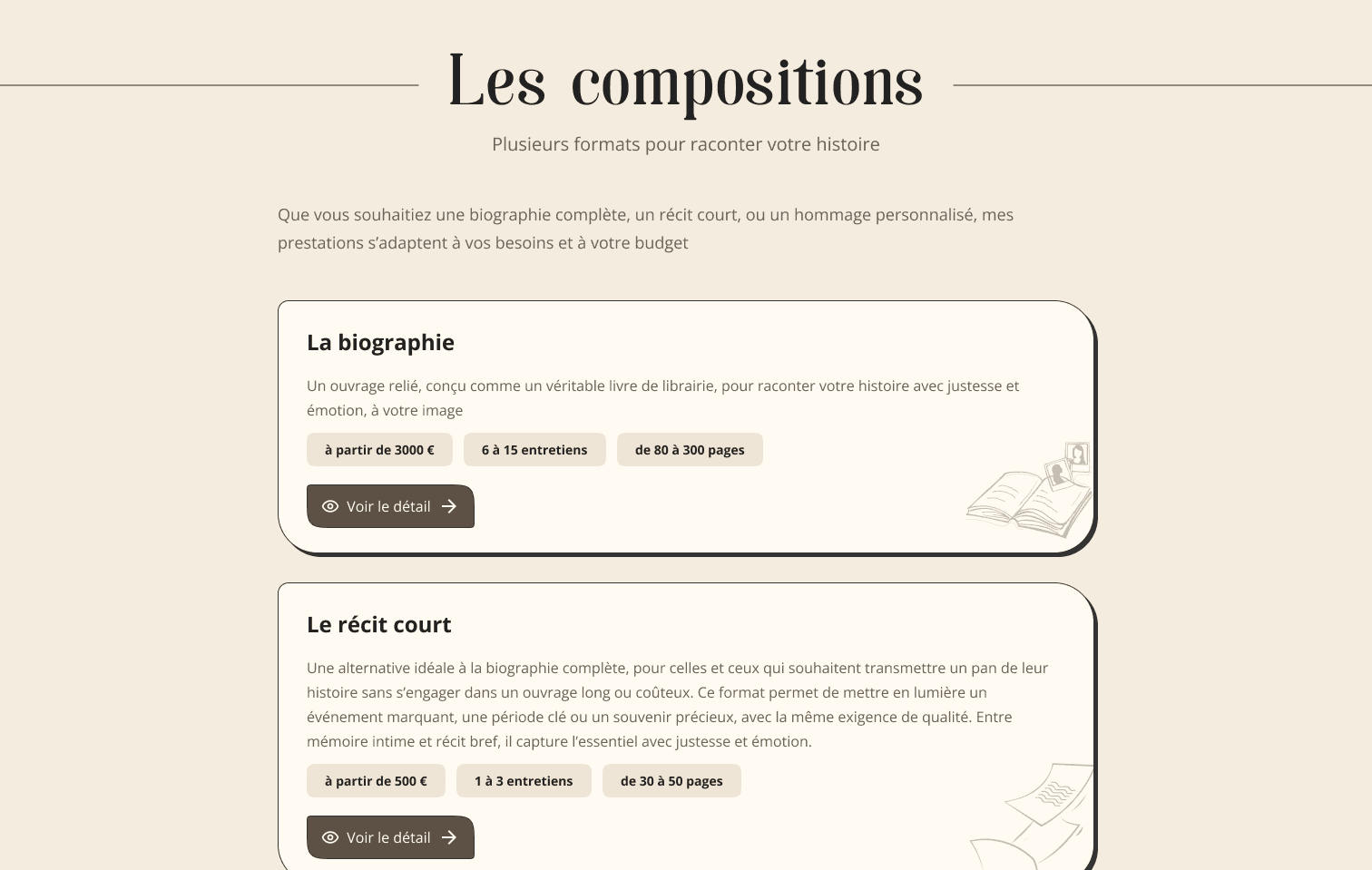 Services section, biography formats and offer overview