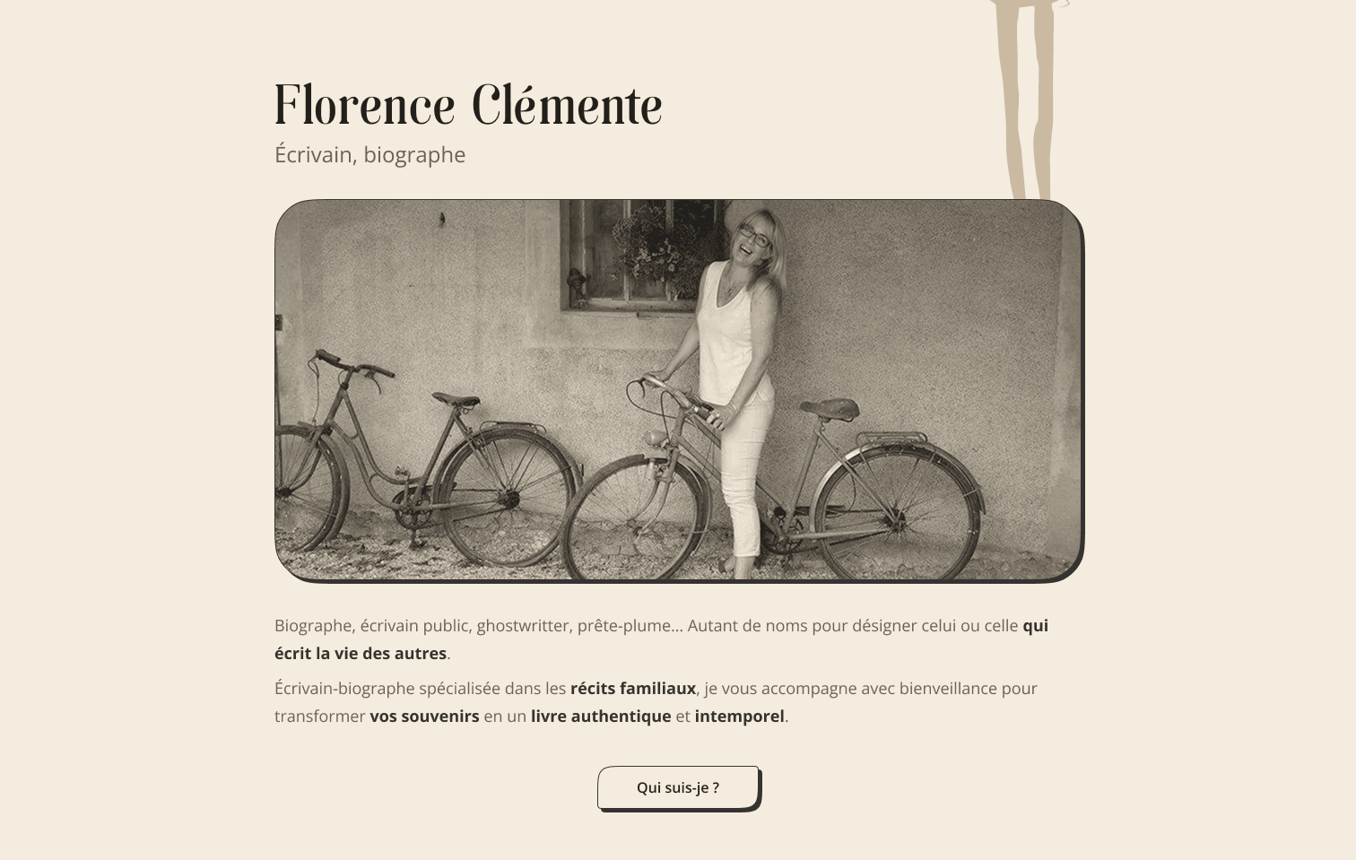 Homepage section with Florence Clémente’s portrait, warm, approachable photo used to build trust before contact