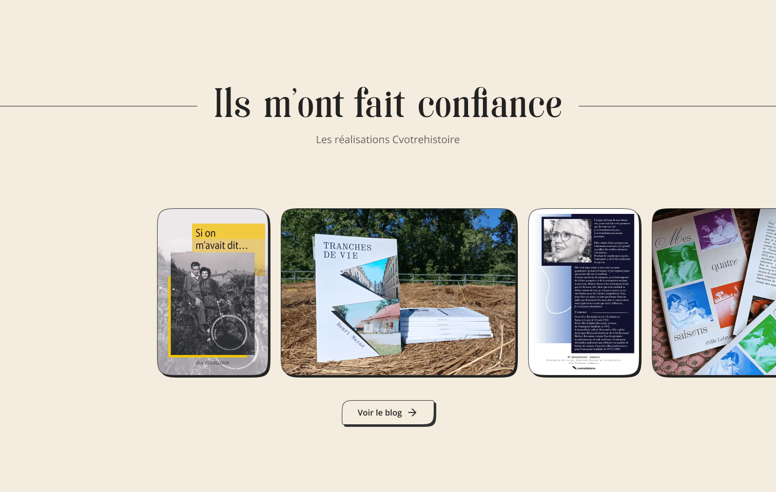 Testimonials carousel, photos of printed biographies linking to related blog articles