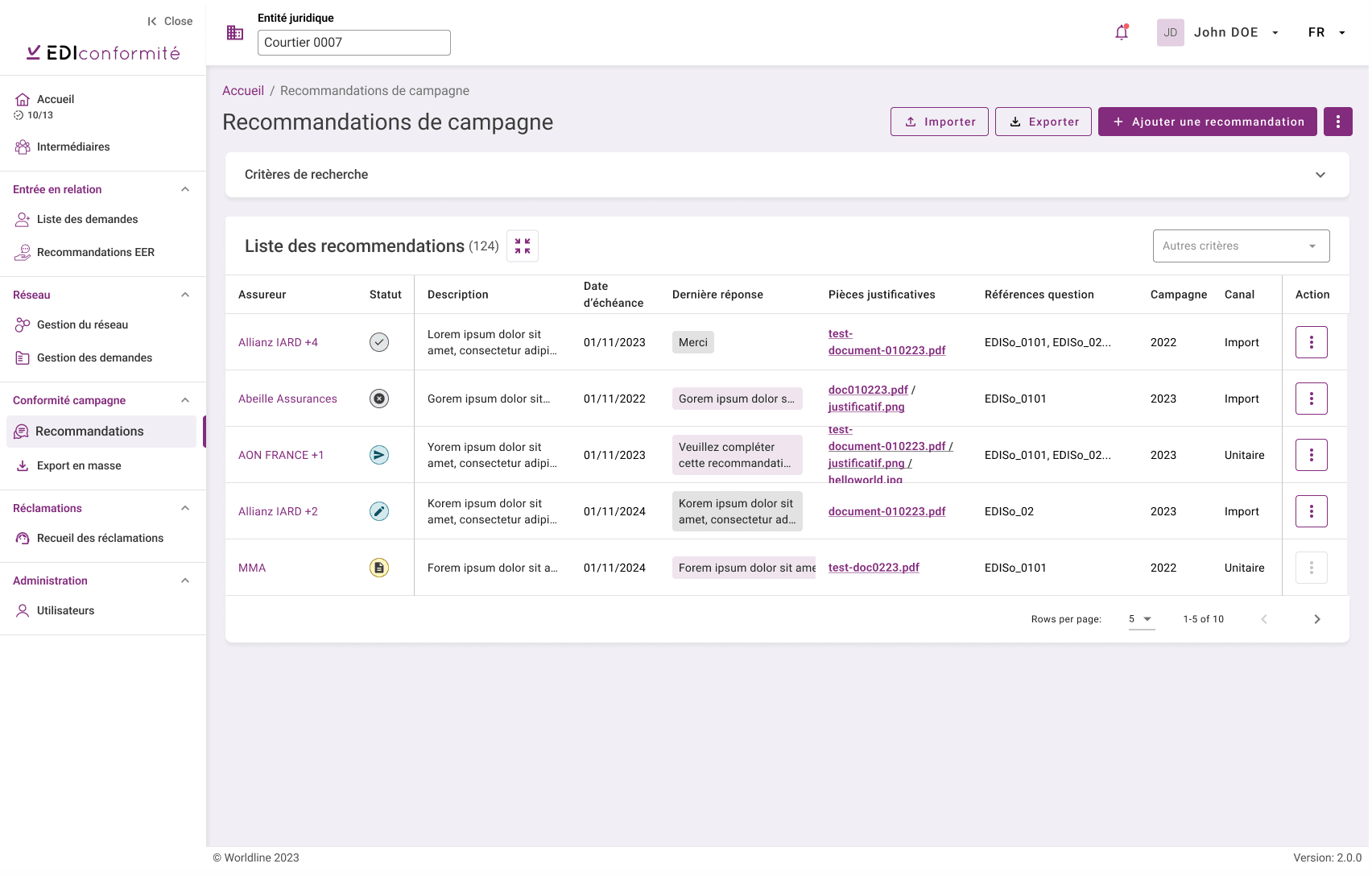 EDI Conformité, list view comparison