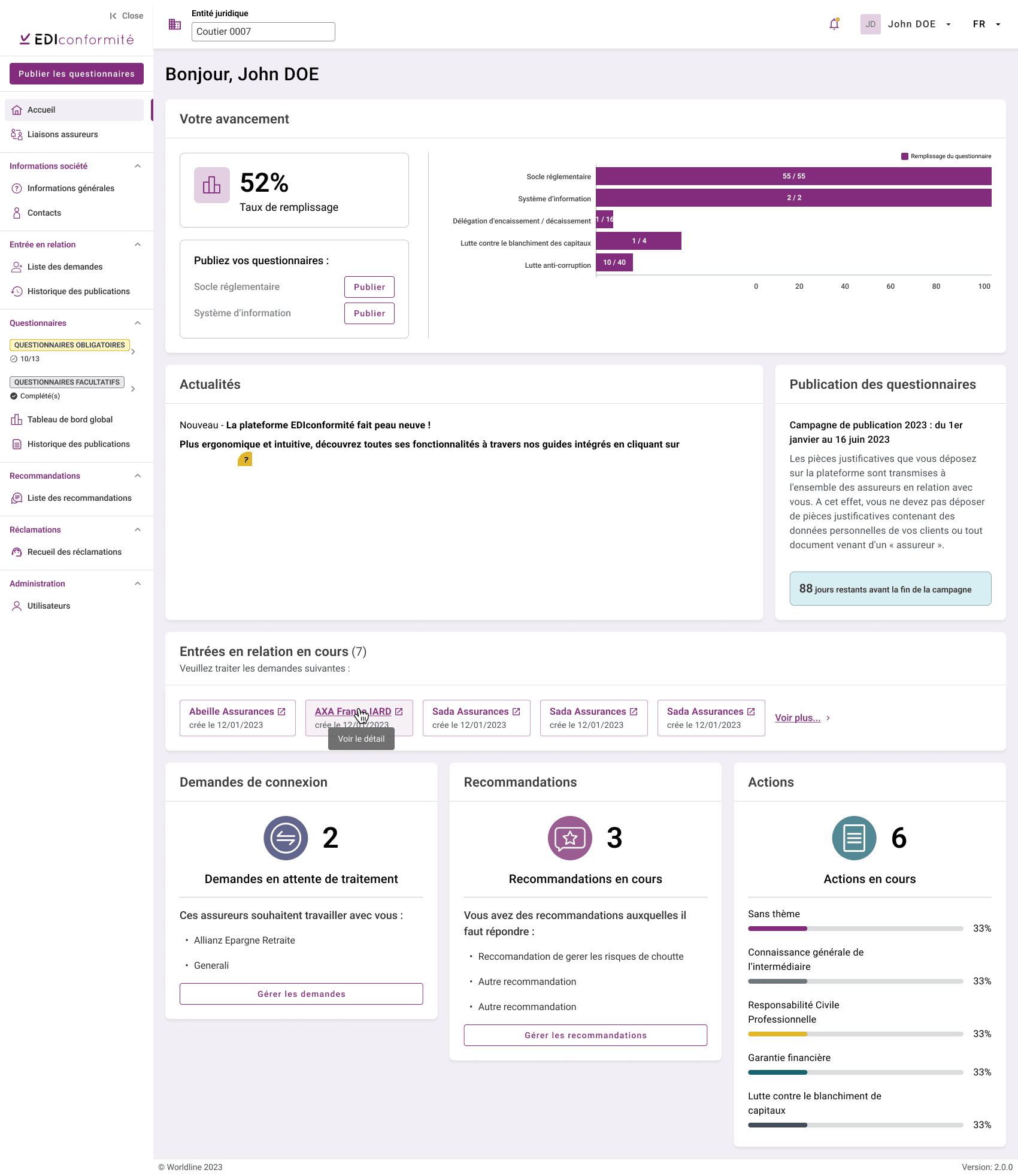 EDI Conformité, intermediary home dashboard